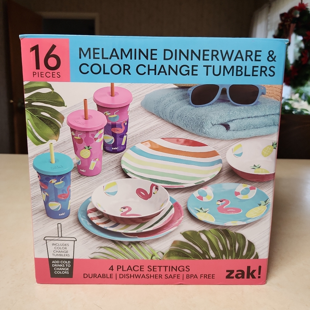 Zak! 16pc 100% Melamine Dinner Set w Color Change Tumblers Durable BPA Free